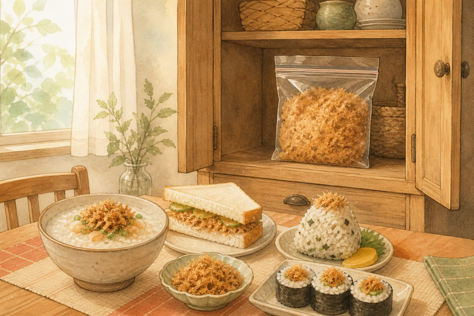 類手繪主視覺：肉鬆袋裝常溫放在櫥櫃內，桌上搭配粥、三明治、飯糰、壽司與一小碟肉鬆
